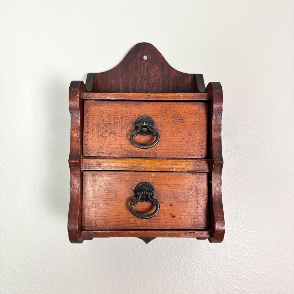 Vintage Primitive Wood Wall Mount Spice Cabinet / Rustic Two Drawer Storage Box